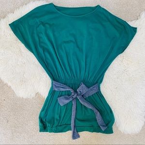 Stretchy teal batwing cotton stretchy belt dress grey tie waist